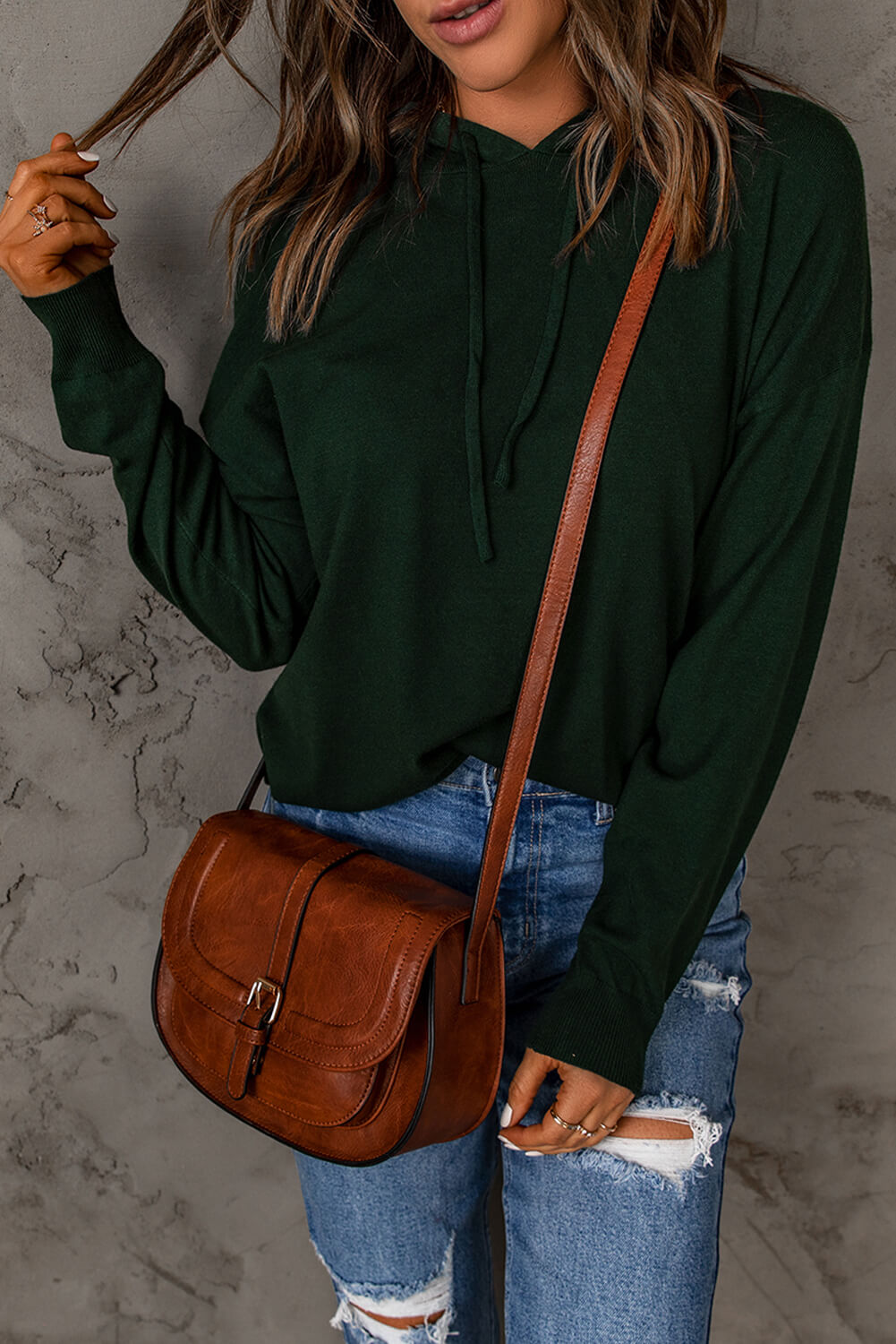 Woven Right Dropped Shoulder Drawstring Hooded Knit Top